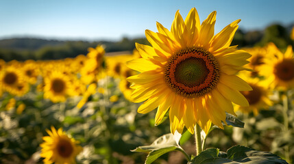 Fototapeta premium sunflower, flower, summer, field, nature, yellow, sky, agriculture, plant, sun, blue, sunflowers, bright, leaf, blossom, flora, beauty, petal, blooming, flowers, plants, growth, petals, crop, color