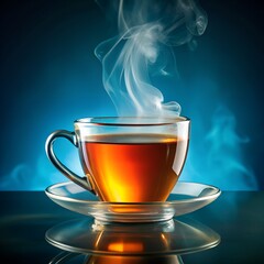 A cup of tea on a dark background with a transparent glass mug