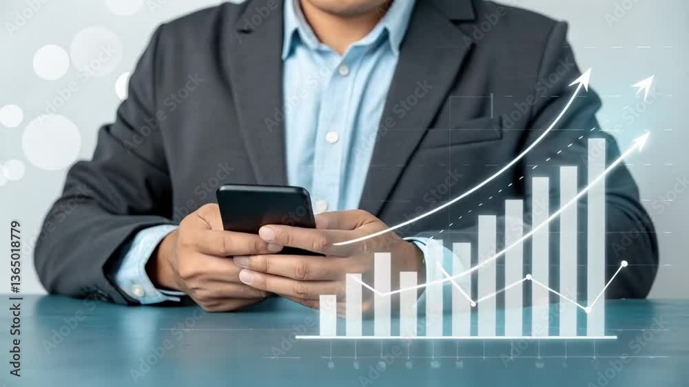Poster person in suit using smartphone with overlaid financial graph showing upward trending market data