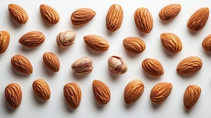 Pistachios and almonds levitate on white, a pattern for food and health projects.