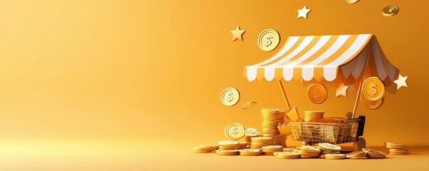 Fototapeta premium Vibrant marketplace scene with stacks of golden coins dollar signs and other currency symbols highlighting the financial opportunities earning potential