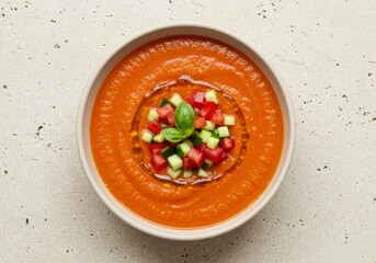 Refreshing Spanish gazpacho, a classic summer dish with rich tomato flavor, captured from above.