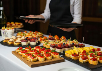 Chef preparing an elegant catering spread with appetizers and sweets for a special event.