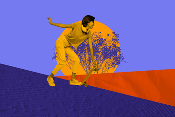 Naklejka premium Composite art 3d creative image collage of happy girl ride longboard activity spring park walk season blossom bush flower