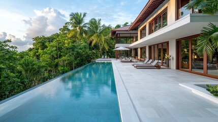 Fototapeta premium Stunning luxury villa nestled in a lush tropical paradise featuring an infinity pool that blends seamlessly with the breathtaking ocean views
