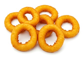Classic crispy onion rings, golden-brown and delicious, isolated for a detailed food presentation.