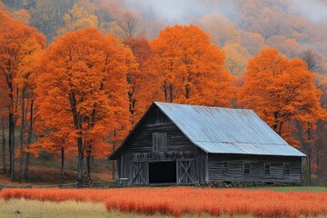 Rustic Barn Nestled Among Vibrant Orange and Red Autumn Trees in a Serene Natural Landscape