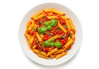 Classic pasta with rich tomato sauce and fresh basil, served in a bowl, isolated on white.