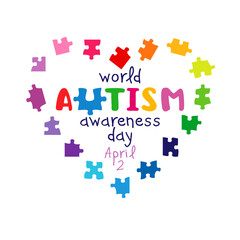 Fototapeta premium World Autism awareness day support banner. Social media timeline post with creatuve heart shape and typography design. Network blogging story. Coloured puzzles. Billboard template. Advertisement idea.