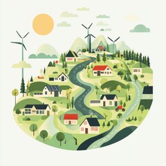 Eco Village Landscape Illustration with Windmills
