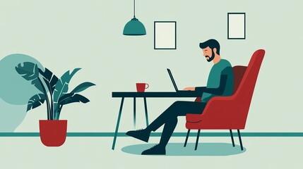 A remote worker in a comfortable chair, typing on a laptop, with a clean desk and a cup of coffee. 