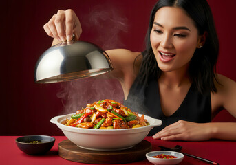 Tantalizing Chinese cuisine uncovered from a cloche, highlighting rich flavors on a vibrant red backdrop.