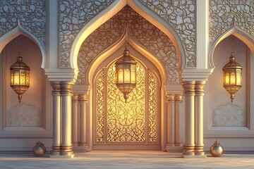 Obraz premium Golden Islamic Archway with Eid Decorations and Lanterns