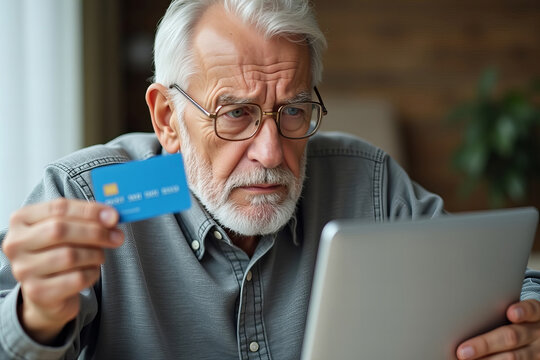 Concerned elderly man holds credit card while looking at laptop