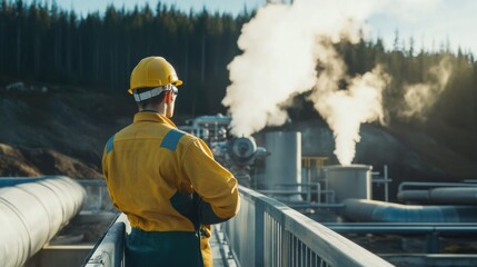 Obraz premium A renewable energy engineer testing geothermal power systems for sustainable energy production, geothermal power plant with drilling equipment and thermal energy data visible, High-tech style