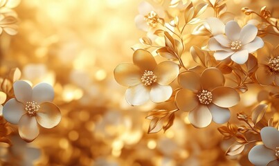 Gold and white floral arrangement in a bokeh light background.