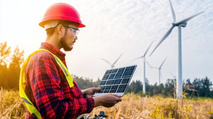 A renewable energy engineer testing offshore wind turbines, coastal environment with wind turbines and testing equipment visible, High-tech style