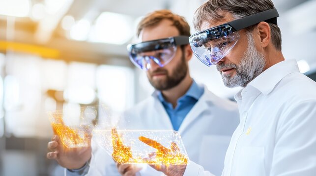Two scientists wearing lab coats and protective eyewear while conducting a scientific experiment with laboratory equipment in a bright well equipped research facility