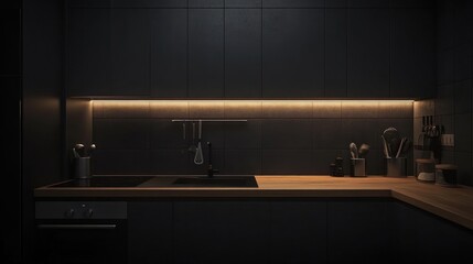 Dark Modern Kitchen Interior, Wood Countertop, Backlit Cabinets