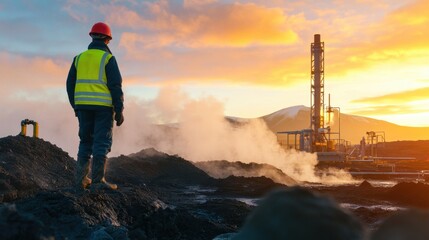 Obraz premium A renewable energy engineer working on advanced geothermal energy systems, geothermal plant with drilling rigs and energy interfaces visible, High-tech style