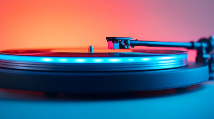 Close-up of a Turntable Playing a Vinyl Record under Neon Lights