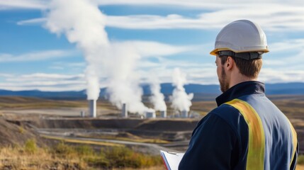 Obraz premium A renewable energy expert researching geothermal power generation, geothermal field with energy turbines and research tools visible, High-tech style