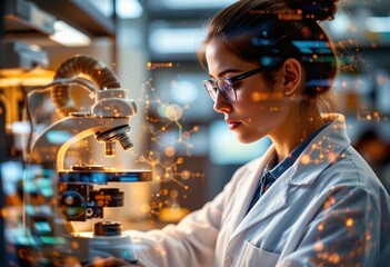 Naklejka premium Materials scientist in lab coat, double exposure merging microscope with atomic structure animations and graphene application diagrams