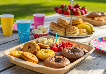 Beautiful outdoor picnic table set for a 50th birthday celebration with festive decorations and food.