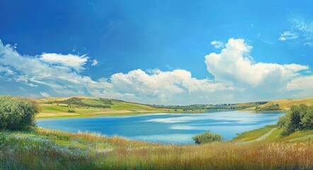 Obraz premium Castaic Lake Landscape: Panoramic Summer View of Blue Sky and Greenery
