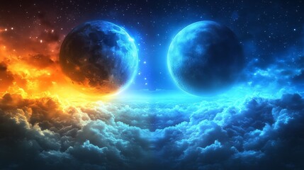 Celestial Opposition, Two Moons With Clouds Of Fire And Ice, Planets, Blue And Red Galaxy Space