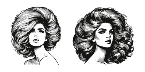 Women art sketch engraving generative vector illustration. Scratch board imitation. Black and white image