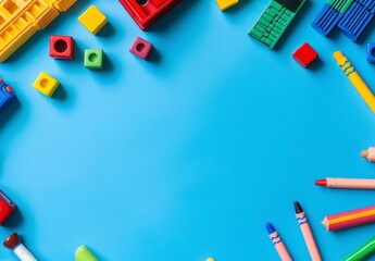 Colorful Children's Toys and Crayons on Blue Background with Blank Space