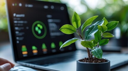 Sustainable Technology A green plant thriving on a laptop computer displaying eco friendly data analytics and digital information representing the of nature and innovation for a greener future