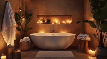 Cozy candlelit bathroom with freestanding tub and plants