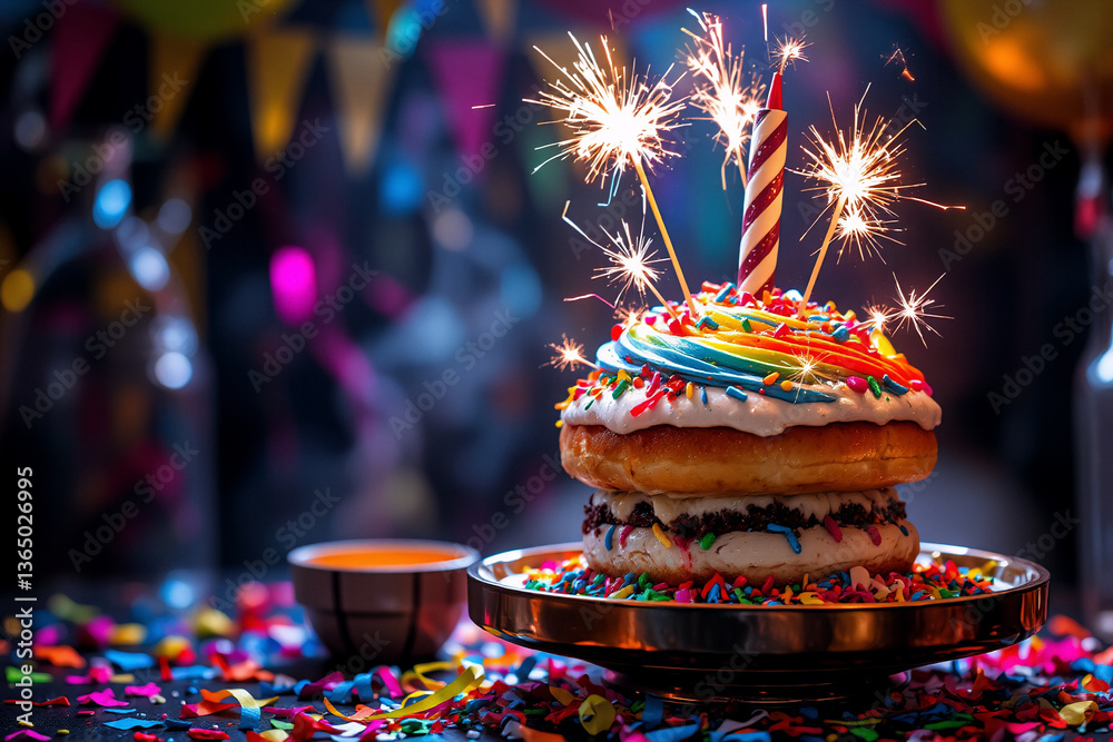 Poster a donut cake is topped with sparklers and a candle, surrounded by colorful confetti. festive decorat