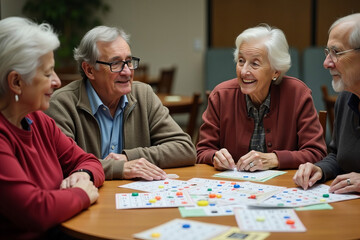 A diverse group of senior citizens enjoying a game of bingo.