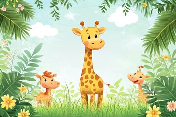 Cartoon Giraffes in Lush Jungle Illustration for Children's Decor