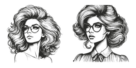 Women art sketch engraving generative vector illustration. Scratch board imitation. Black and white image