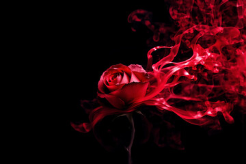 Naklejka premium A striking image features a vivid red rose with delicate petals, partially enveloped in swirling red smoke, creating a dramatic and moody atmosphere against a stark black background.