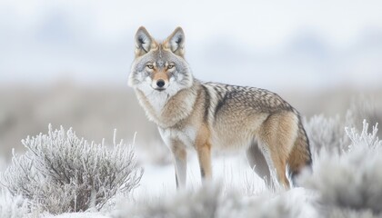 Obraz premium Majestic Coyote in a Wintry Landscape, A Lone Canine Predator Amidst the Frozen Beauty of Nature