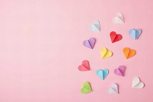 Top view of rainbow colored paper hearts in a flat lay, against a soft pink background, celebrating LGBT pride.
