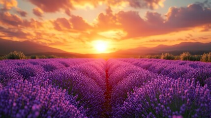 Fototapeta premium Rows of lavender towards sunset-purple and gold tranquility.