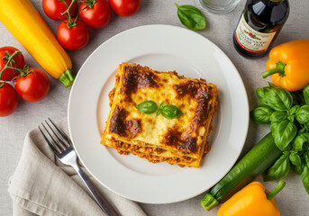 Traditional homemade lasagna, a comforting Italian dish with layers of pasta, melted cheese, and flavorful sauce.