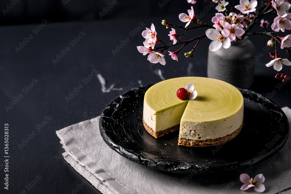 Poster a delightful cheesecake is presented on a dark plate, adorned with a red fruit. delicate pink blosso