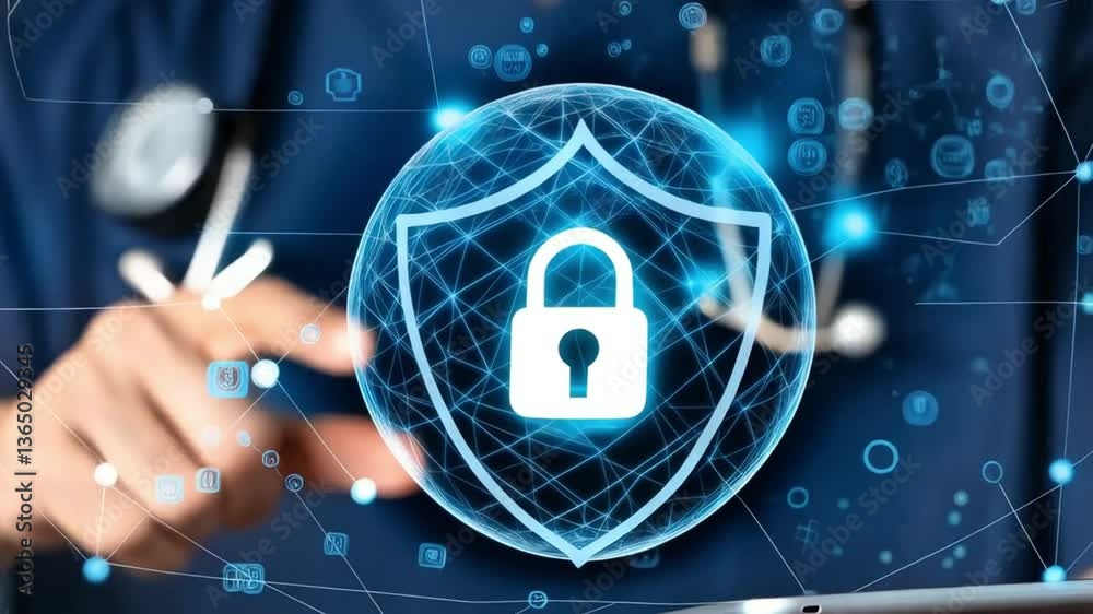 Poster a doctor holding a tablet with a digital shield and padlock overlay for data protection concept imag