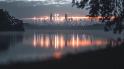 Futuristic Cityscape at Dawn  Lake Reflection  Skyline  Urban  Modern Architecture