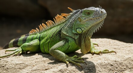 Fototapeta premium Green Iguana Lizard Basking on Rock