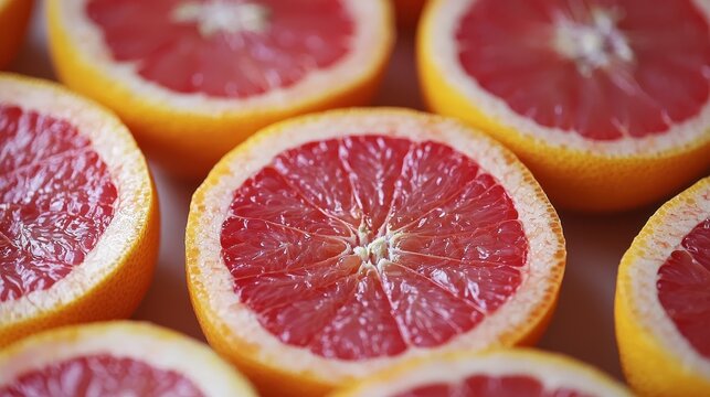 Vibrant grapefruit halves present a juicy and refreshing citrus composition