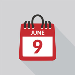 June 9 Calendar icon vector illustration.