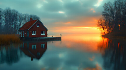 Fototapeta premium A dreamy photography of the Baltic coast with small fishing huts near the shore, reflecting on the still water as the sun rises and fills the scene with warm light.